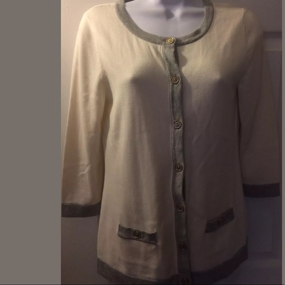 BANANA REPUBLIC Cardigan Sweater Ivory Gray Workwear Classic Layering knit Top - Picture 7 of 10